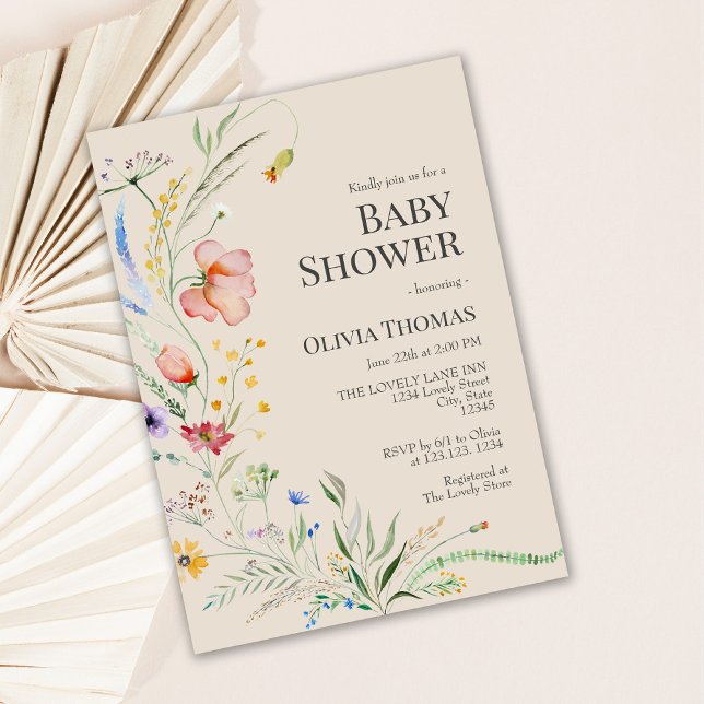 Taupe Boho Wildflowers Baby Shower Invitation (Taupe Boho Wildflowers Baby Shower Invitation on neutral background.)