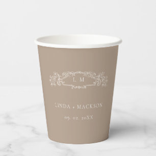 Taupe botanical crest monogram wedding paper cups