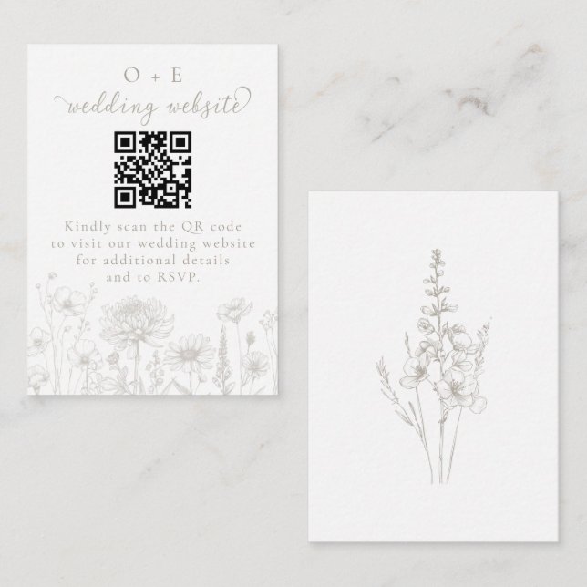 Taupe Botanical Minimal Wedding Website QR Code Enclosure Card (Front/Back)