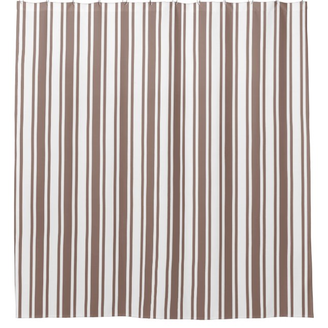 Taupe brown and white candy stripes shower curtain (Front)