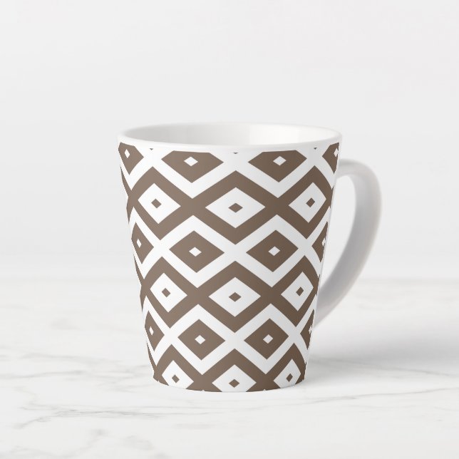 Taupe brown and white diamond pattern latte mug (Right Angle)
