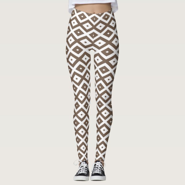 Taupe brown and white diamond pattern leggings (Front)