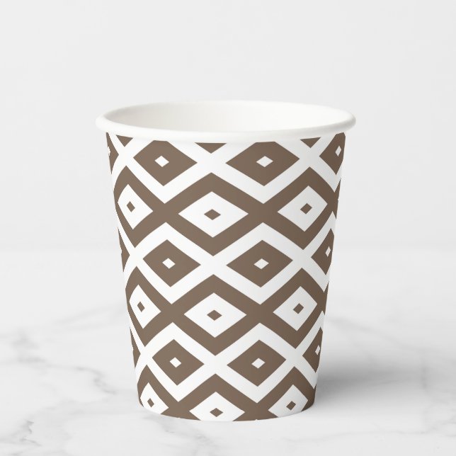 Taupe brown and white diamond pattern paper cups (Front)
