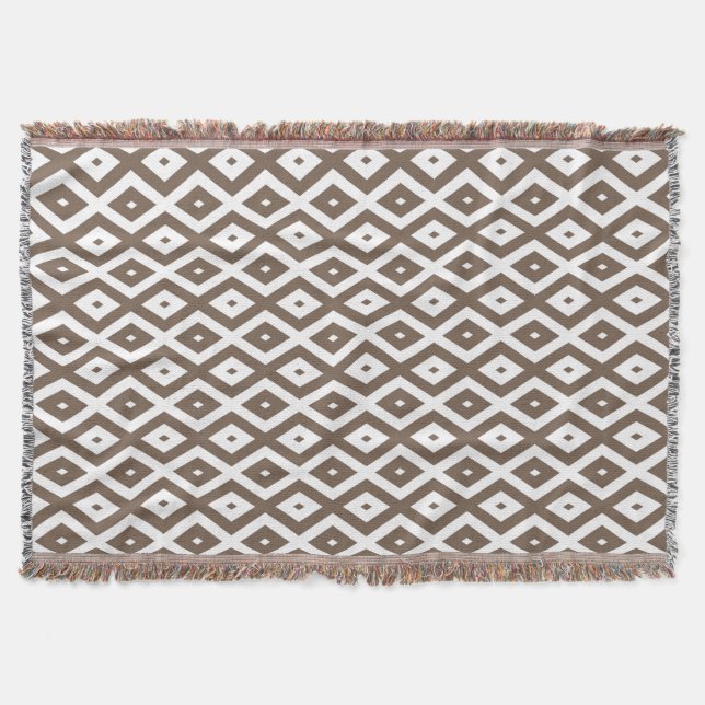 Taupe brown and white diamond pattern throw blanket (Front)