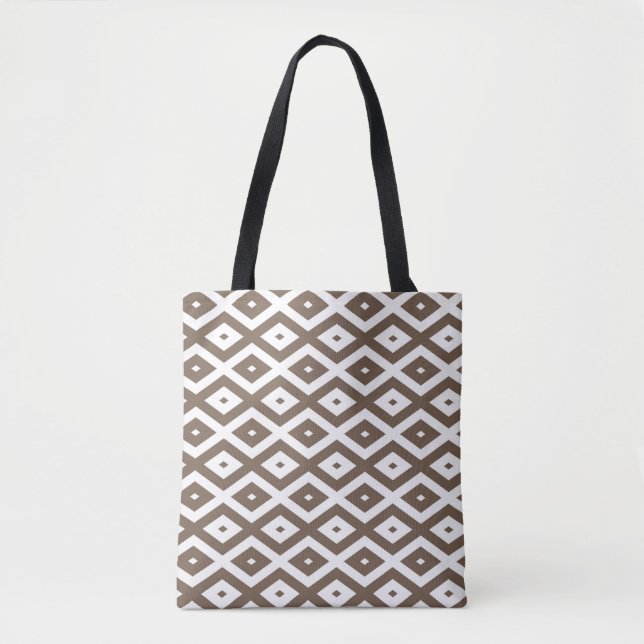 Taupe brown and white diamond pattern tote bag (Front)