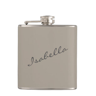 Taupe Brown Elegant Script Name Wedding Party Hip Flask