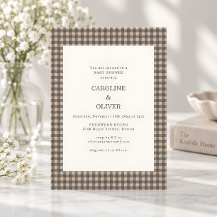 Taupe Brown Gingham Check Plaid Couple Baby Shower Invitation