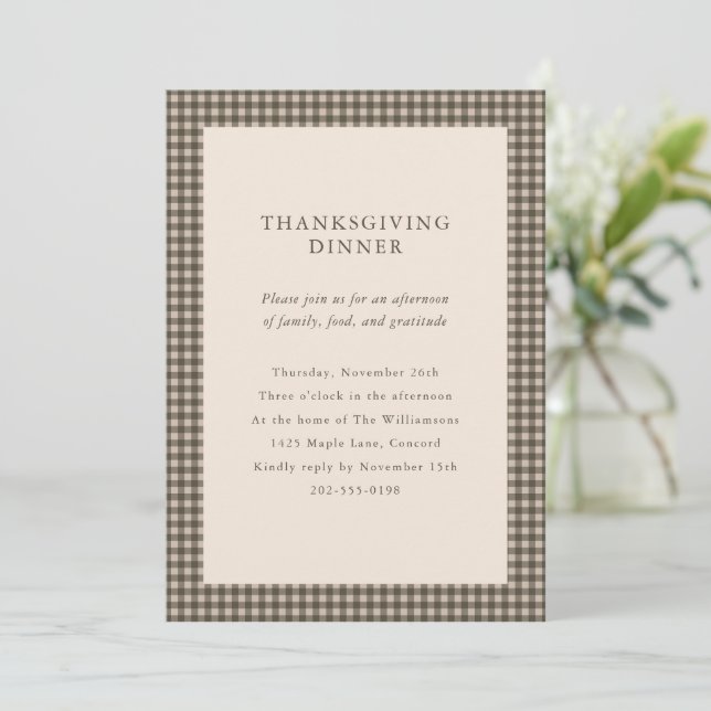 Taupe Brown Gingham Thanksgiving Dinner Custom Invitation (Standing Front)