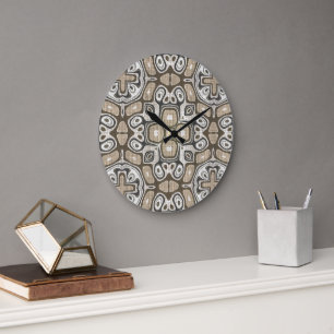 Taupe Brown Gray Beige Hip Bohemian Art Motif Large Clock