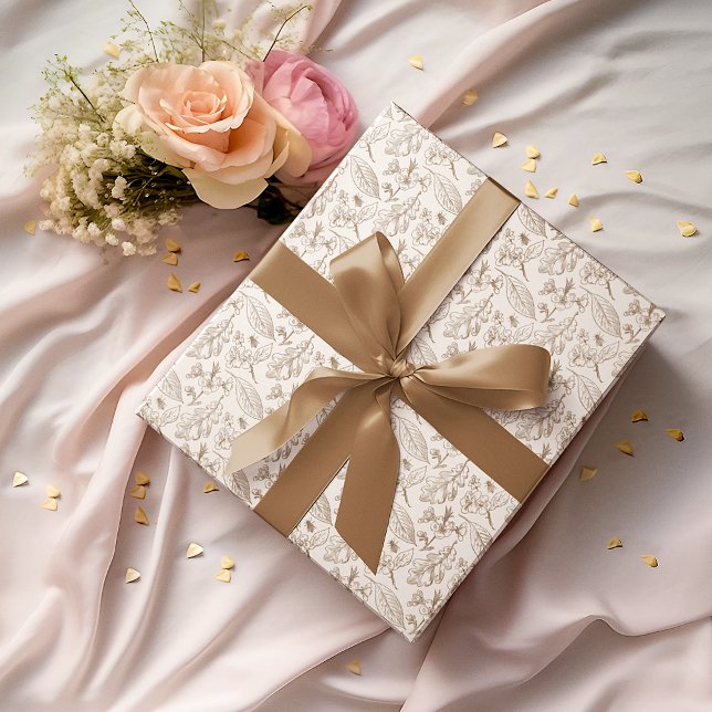 Taupe Brown Leaves Floral Pattern On Ivory Ecru Wrapping Paper (Creator Uploaded)