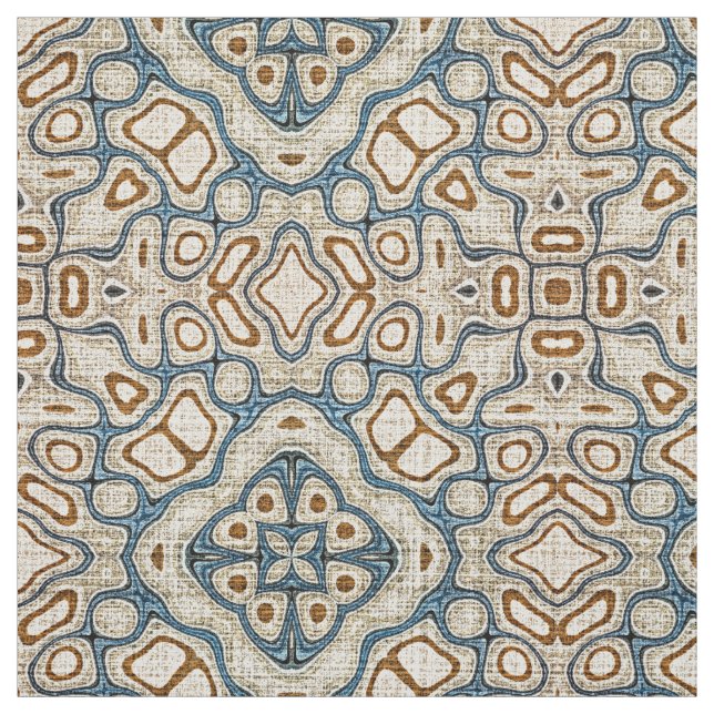 Taupe Brown Teal Blue Bali Batik Style Pattern Fabric (Swatch)