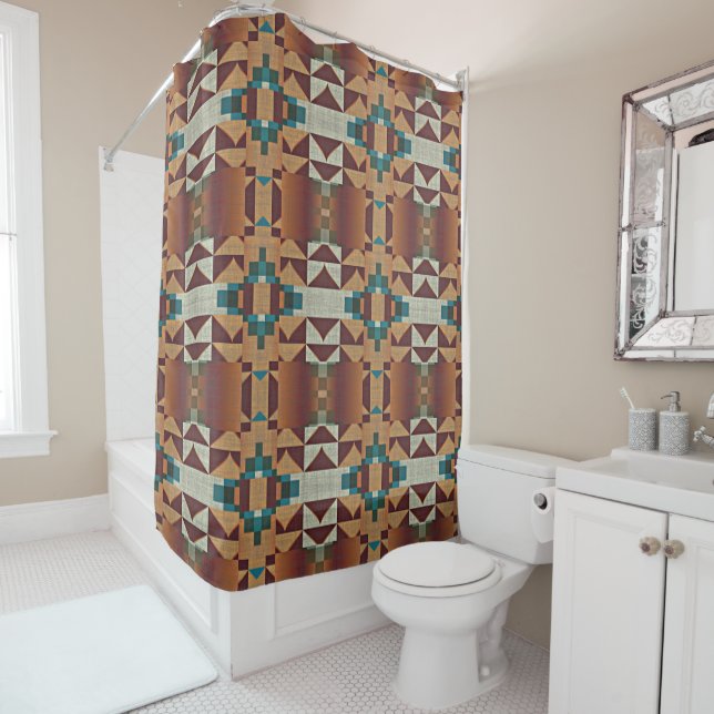Taupe Brown Teal Blue Green Tribal Art Pattern Shower Curtain (In Situ)