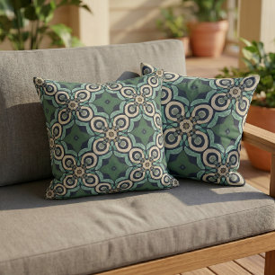 Taupe Brown Teal Green Blue Orient Bali Art Motif Cushion