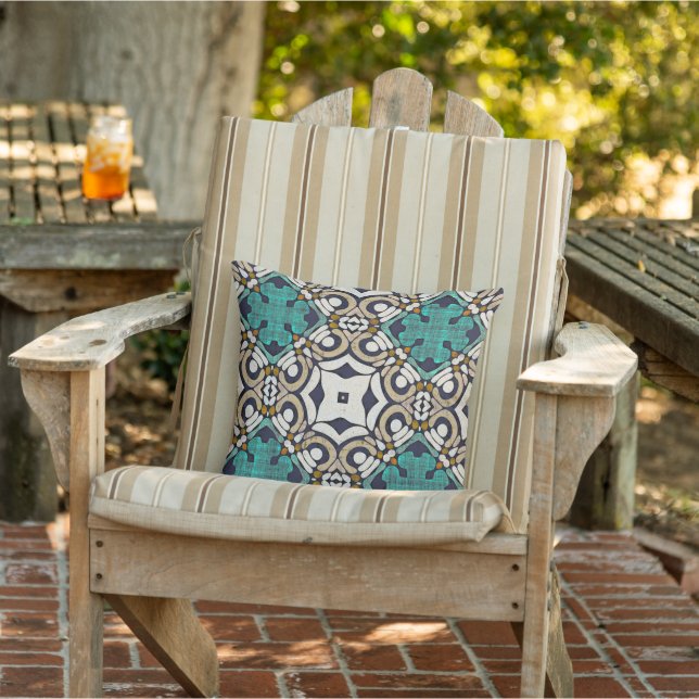 Taupe Brown Teal Green Ivory Orient Tribal Art Cushion (Chair)