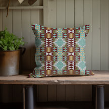 Taupe Brown Turquoise Aqua Blue Tribal Pattern