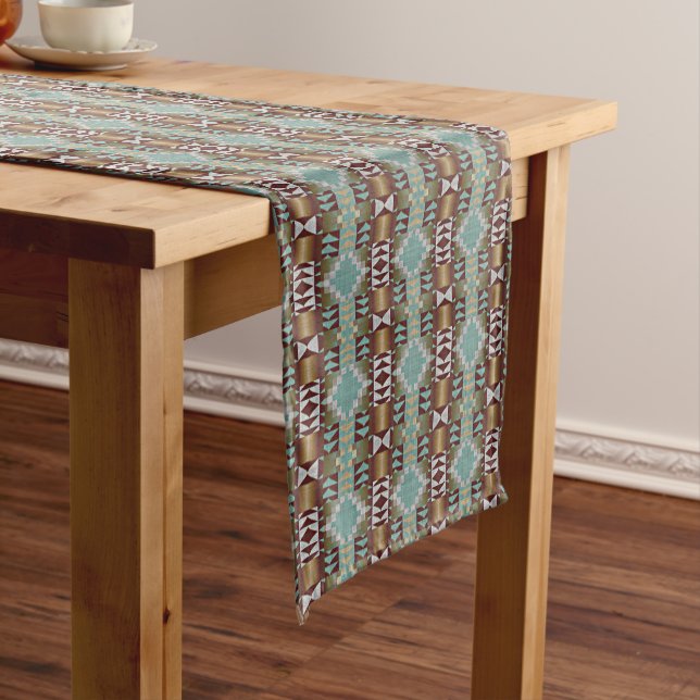 Taupe Brown Turquoise Aqua Blue Tribal Pattern Short Table Runner (In Situ)