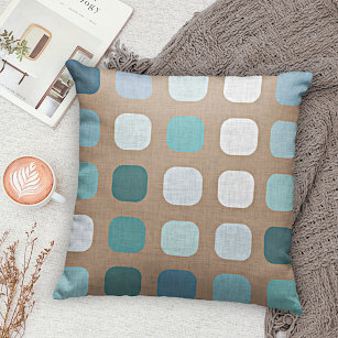Taupe Brown Turquoise Light Blue Round Squares Art Cushion