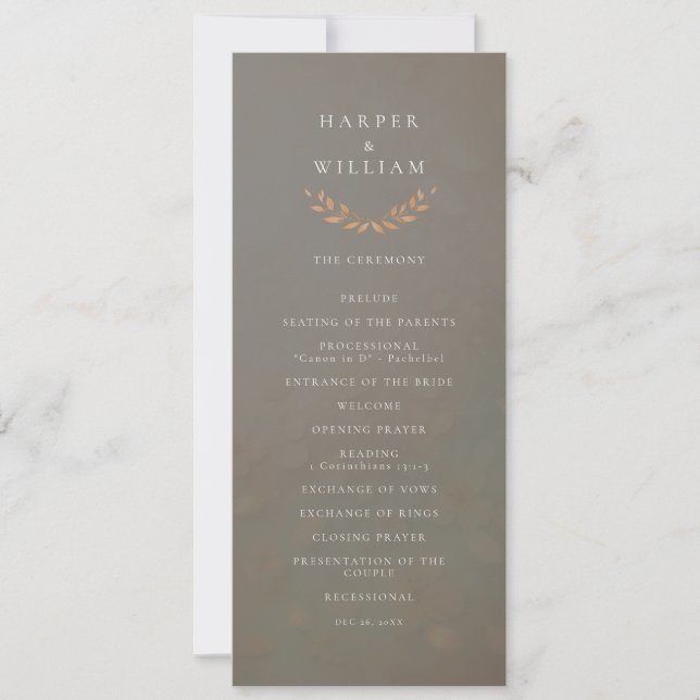 Taupe brown wedding ceremony program invitation (Front)