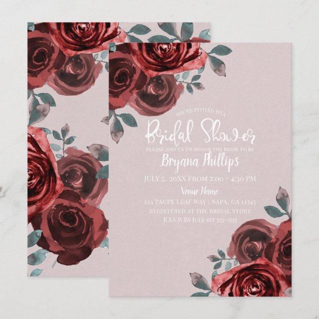 Taupe Burgundy Watercolor Roses Bridal Shower Invitation (Front/Back)