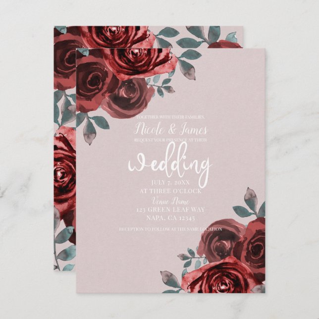 Taupe Burgundy Watercolor Roses Greenery Wedding Invitation (Front/Back)