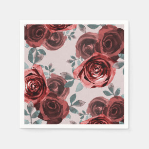 Taupe Burgundy Watercolor Roses Greenery Wedding Napkin