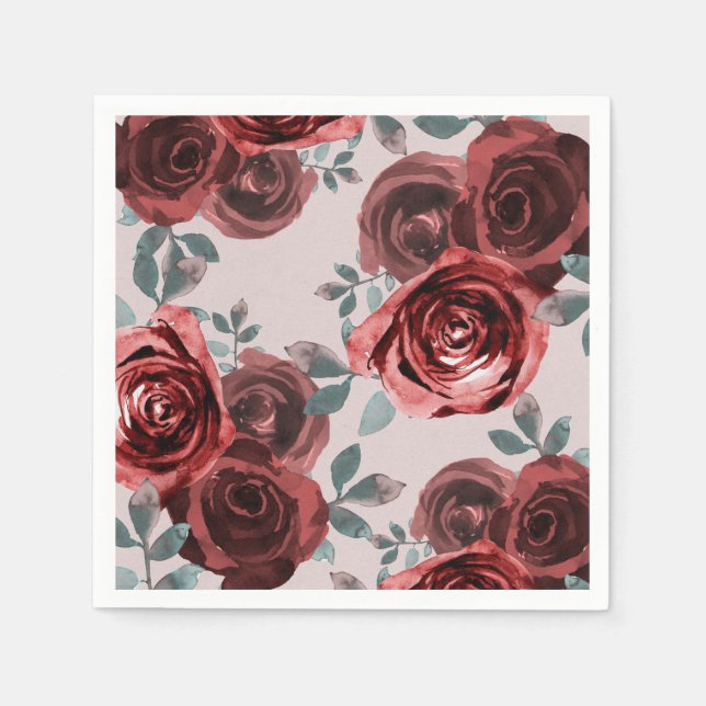 Taupe Burgundy Watercolor Roses Greenery Wedding Napkin (Front)