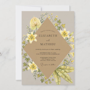 Taupe Champagne Gold Wreath Wedding Invitation