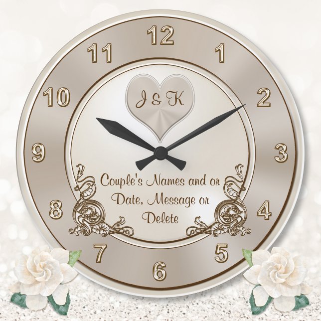 Taupe, Champagne Ivory, Wedding Wall Clock  (Engagement gift suggestions. Wedding wall clock. Personalised, marriage gift for sister, best friend)