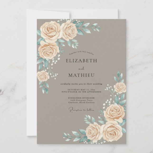 Taupe Champagne Rose Wedding Invitation (Front)