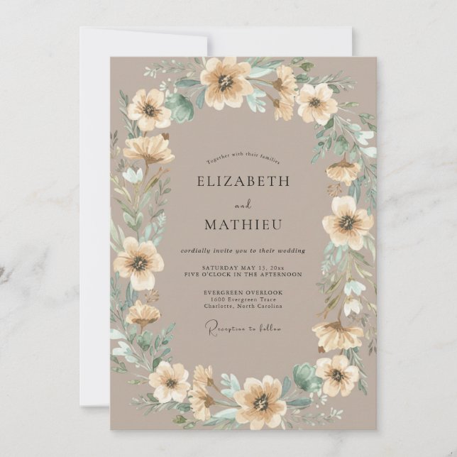 Taupe Champagne Wreath Wedding Invitation (Front)