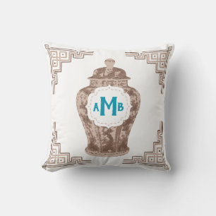 Taupe Chinoiserie Ginger Jar Monogram Cushion