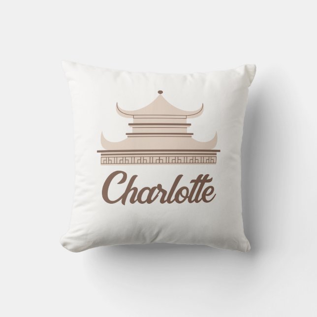 Taupe Chinoiserie Pagoda Custom Name Cushion (Front)