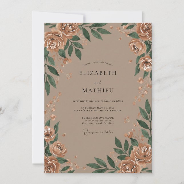 Taupe Copper Leafy Wedding Invitation (Front)