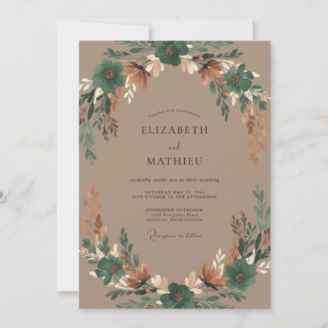 Taupe Copper Wreath Wedding Invitation (Front)