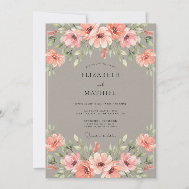 Taupe Coral Blossom Wedding Invitation (Front)