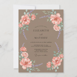 Taupe Coral Foliage Eucalyptus Wedding Invitation