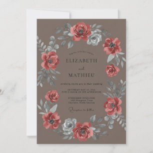 Taupe Coral Ranunculus Eucalyptus Wedding Invitation