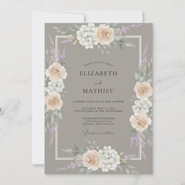 Taupe Cream Peony Wedding Invitation (Front)