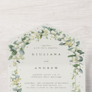 Taupe/Cream Snowberry+Eucalyptus Winter Wedding All In One Invitation