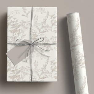 Taupe & Cream Tonal Wildflower Flower Line Art  Wrapping Paper Sheet