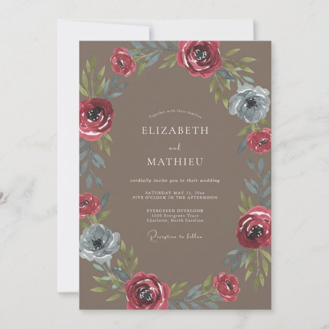 Taupe Crimson Wreath Wedding Invitation (Front)