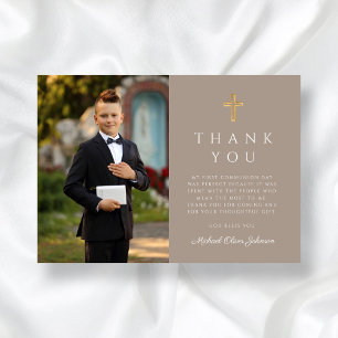Taupe Cross Boy First Communion Photo Thank You Card