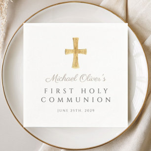 Taupe Cross Religious Boy First Holy Communion Napkin
