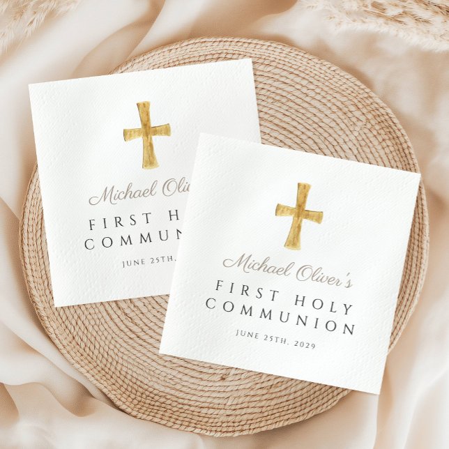 Taupe Cross Religious Boy First Holy Communion Napkin (Taupe Cross Religious Boy First Holy Communion Napkins)