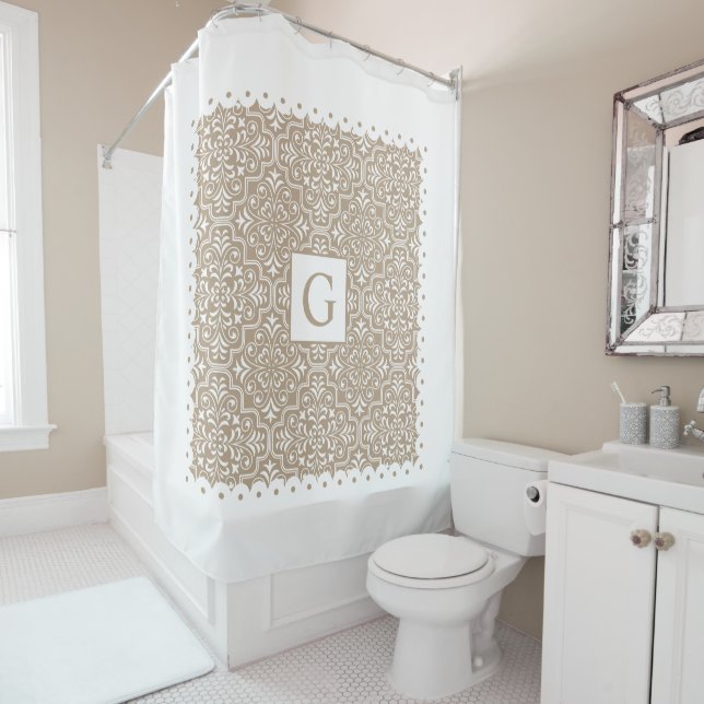 Taupe damask, white scalloped borders, monogram shower curtain (In Situ)