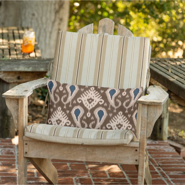 Taupe Dark Brown Navy Blue Ikat Tribal Pattern Lumbar Cushion (Chair)