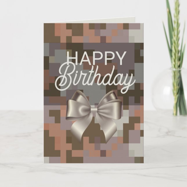 Taupe Digital & Bow Happy Birthday Card (Front)