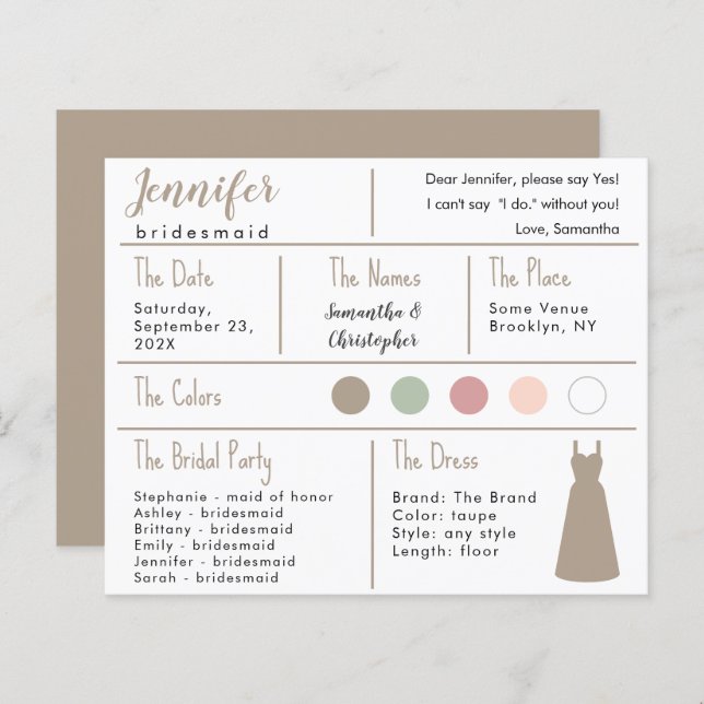 Taupe Dress Colour Bridesmaid Information Card (Front/Back)