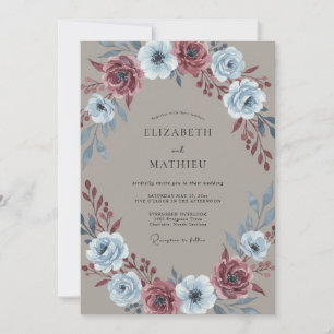 Taupe Dusty Blue Burgundy Floral Wedding Invitation
