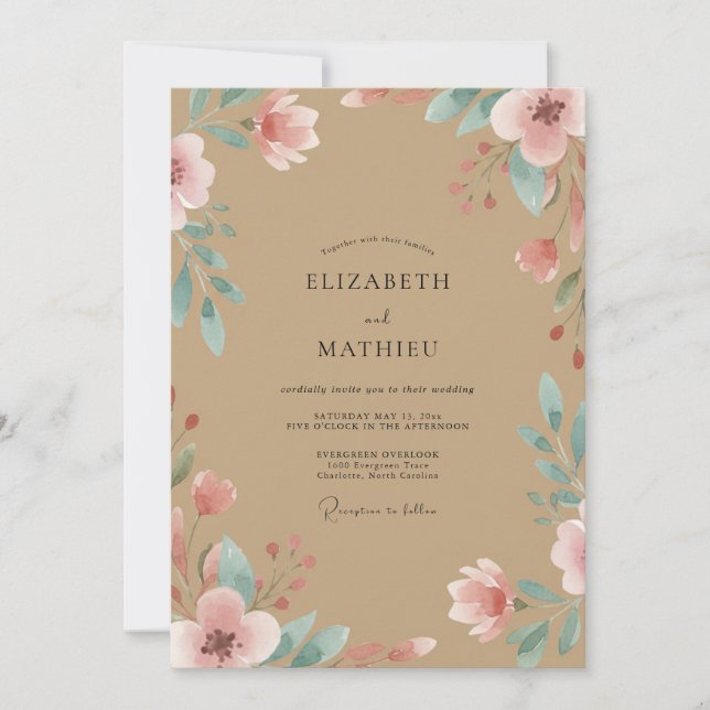 Taupe Dusty Mauve Leafy Wedding Invitation (Front)